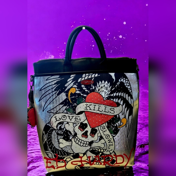 Ed Hardy Love Kills Slowly Large Black with Charms and Rhinestones Tote Bag NWT - Picture 4 of 8